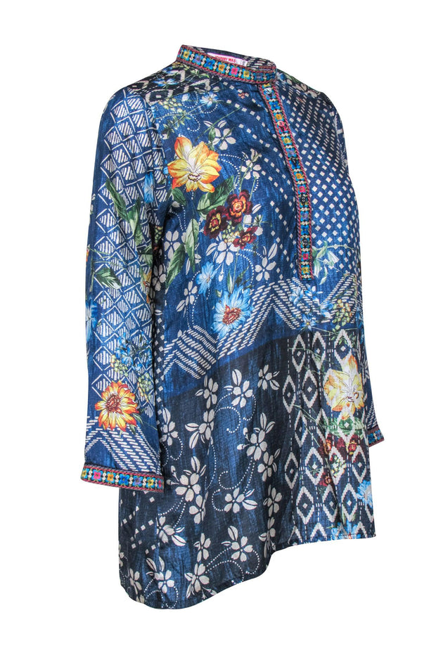 Current Boutique-Johnny Was - Blue Mixed Print Long Sleeve Tunic Top Sz XS