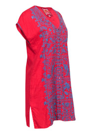 Current Boutique-Johnny Was - Bright Red Tunic-Style Linen Dress w/ Blue Floral Embroidery Sz S
