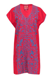 Current Boutique-Johnny Was - Bright Red Tunic-Style Linen Dress w/ Blue Floral Embroidery Sz S
