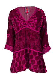 Current Boutique-Johnny Was - Burgundy & Pink Embroidered Tunic Top Sz S
