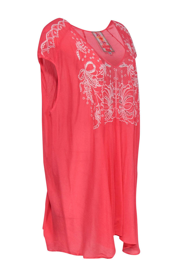 Current Boutique-Johnny Was - Coral Tunic-Style Top w/ White Embroidery Sz XXL