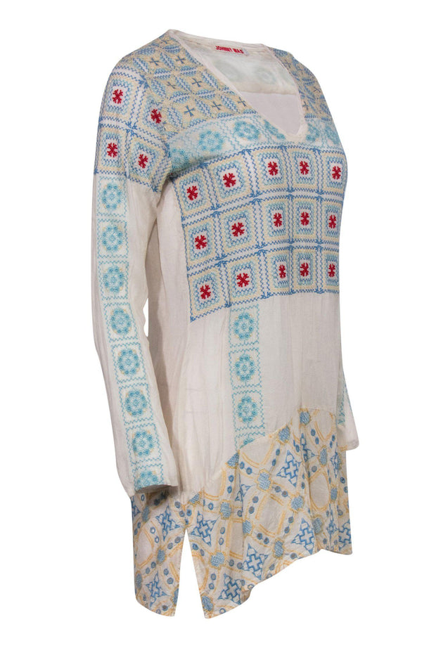 Current Boutique-Johnny Was - Cream, Blue & Red Embroidered Long Sleeve Tunic Top Sz XS