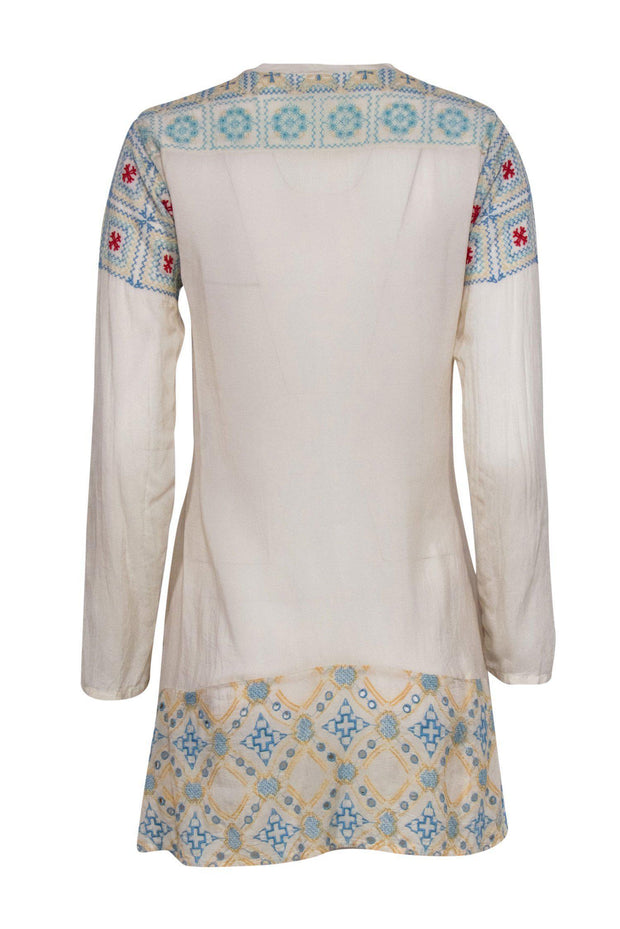 Current Boutique-Johnny Was - Cream, Blue & Red Embroidered Long Sleeve Tunic Top Sz XS