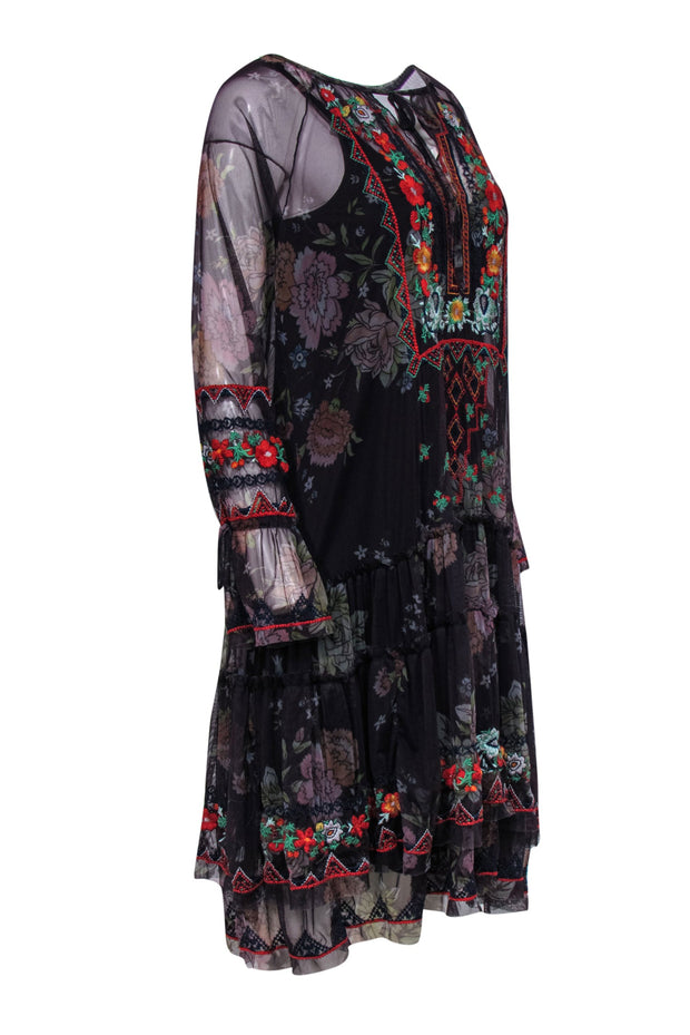 Current Boutique-Johnny Was - Dark Purple Sheer Floral Print Dress w/ Embroidery Sz S