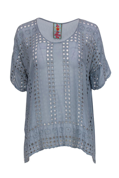 Current Boutique-Johnny Was - Dusty Blue Short Sleeve Blouse w/ Eyelet Design Sz XS
