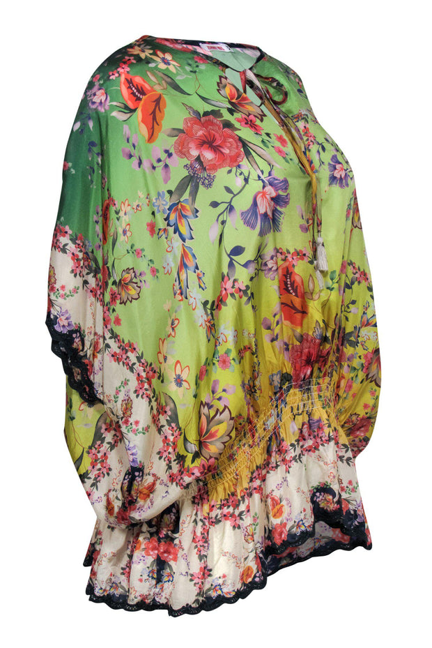 Current Boutique-Johnny Was - Green & Multicolored Floral Print Short Sleeve Silk Blouse w/ Lace Trim Sz XS
