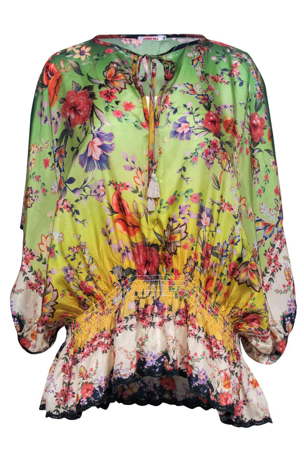Current Boutique-Johnny Was - Green & Multicolored Floral Print Short Sleeve Silk Blouse w/ Lace Trim Sz XS