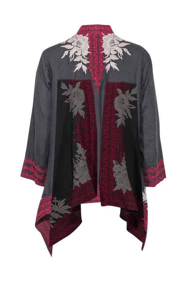 Current Boutique-Johnny Was - Grey, Pink & White Floral Embroidered Long Sleeve Linen Kimono Sz PL