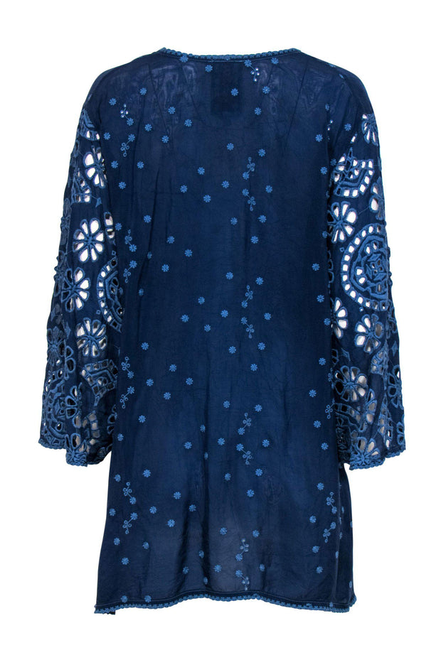 Current Boutique-Johnny Was - Navy Floral Embroidered Long Sleeve Tunic Sz XL