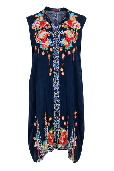 Current Boutique-Johnny Was - Navy Sleeveless Shift Dress w/ Floral Embroidery Sz L