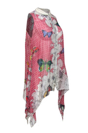 Current Boutique-Johnny Was - Semi-Sheer Silk Red Print Scarf Hem Tunic w/ Butterflies Sz S