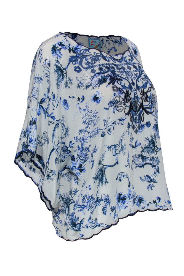 Current Boutique-Johnny Was - White & Blue Silk Embroidered Nature Printed Top Sz M