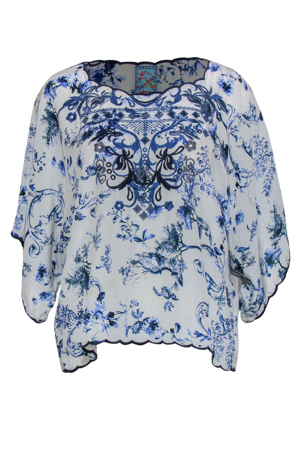 Current Boutique-Johnny Was - White & Blue Silk Embroidered Nature Printed Top Sz M