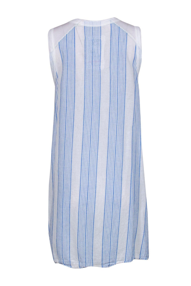 Current Boutique-Johnny Was - White & Blue Striped Sleeveless Shift Dress w/ Floral Embroidery Sz S