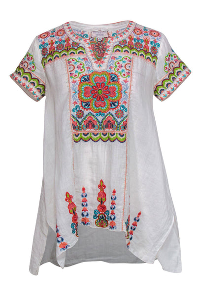 Current Boutique-Johnny Was - White Tunic-Style Blouse w/ Multicolored Floral Embroidery Sz XS
