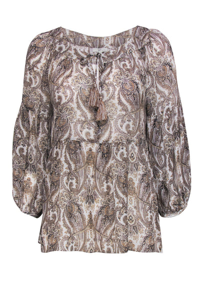 Current Boutique-Joie - Beige Paisley Print Long Sleeve Silk Blouse w/ Tassel Tie Sz S