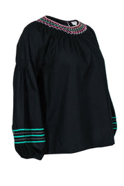 Current Boutique-Joie - Black Balloon Sleeve Cotton "Ghada" Blouse w/ Multicolor Embroidery Sz S