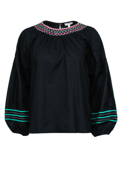 Current Boutique-Joie - Black Balloon Sleeve Cotton "Ghada" Blouse w/ Multicolor Embroidery Sz S