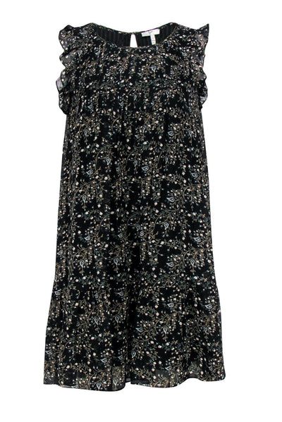 Current Boutique-Joie - Black Floral Print Pleated Silk Shift Dress w/ Ruffles Sz S