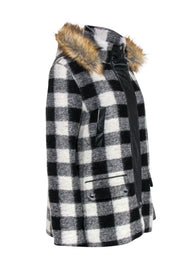 Current Boutique-Joie - Black & Grey Plaid Hooded Coat w/ Faux Fur Trim Sz M