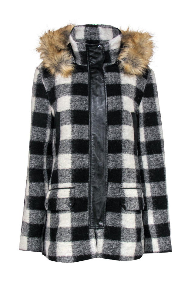 Current Boutique-Joie - Black & Grey Plaid Hooded Coat w/ Faux Fur Trim Sz M