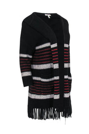 Current Boutique-Joie - Black, Grey & Red Striped Wool Blend Cardigan w/ Fringe Trim Sz XXS