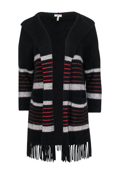 Current Boutique-Joie - Black, Grey & Red Striped Wool Blend Cardigan w/ Fringe Trim Sz XXS