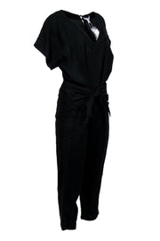 Current Boutique-Joie - Black Linen Short Sleeve V-Neckline Jumpsuit Sz M
