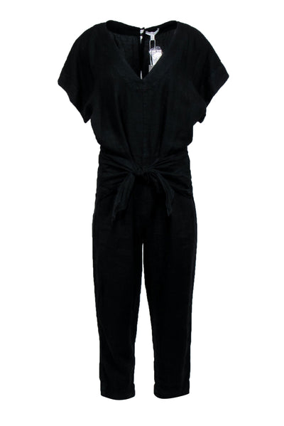 Current Boutique-Joie - Black Linen Short Sleeve V-Neckline Jumpsuit Sz M