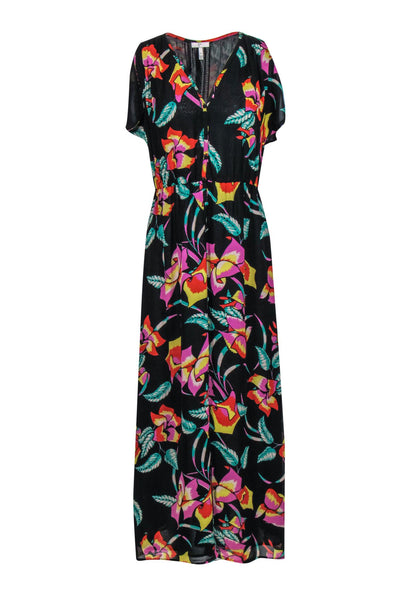 Current Boutique-Joie - Black & Multicolor Tropical Floral Print Silk Maxi Dress Sz XS