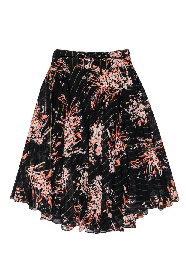 Current Boutique-Joie - Black & Pink Floral Print Belted "Arvina" Skirt w/ Gold Stripes Sz 8