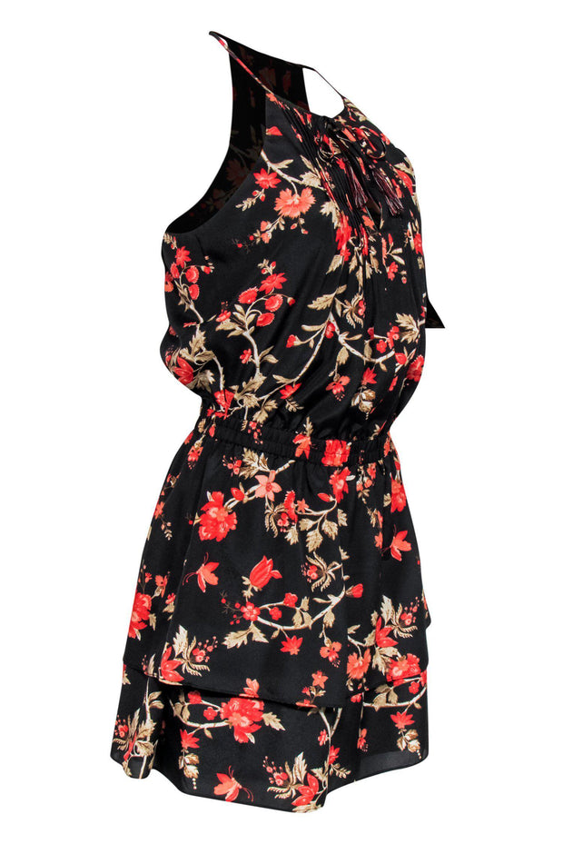 Current Boutique-Joie - Black & Red Floral Print Tiered Dress w/ Tassels Sz XS