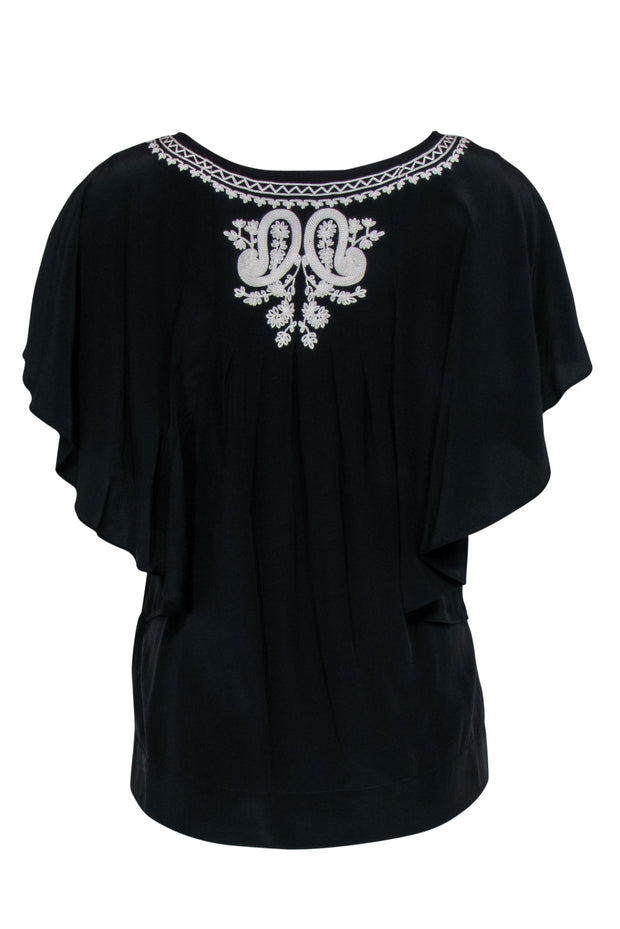 Current Boutique-Joie - Black Silk Ruffle Sleeve Embroidered Blouse Sz S