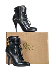 Current Boutique-Joie - Black Smooth Leather Lace-Up Heeled Booties Sz 7