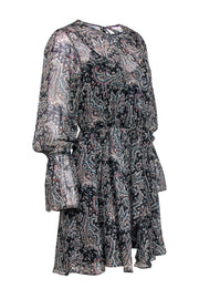 Current Boutique-Joie - Black, Teal & Beige Paisley Print Bell Sleeve Dress w/ Metallic Threading Sz S
