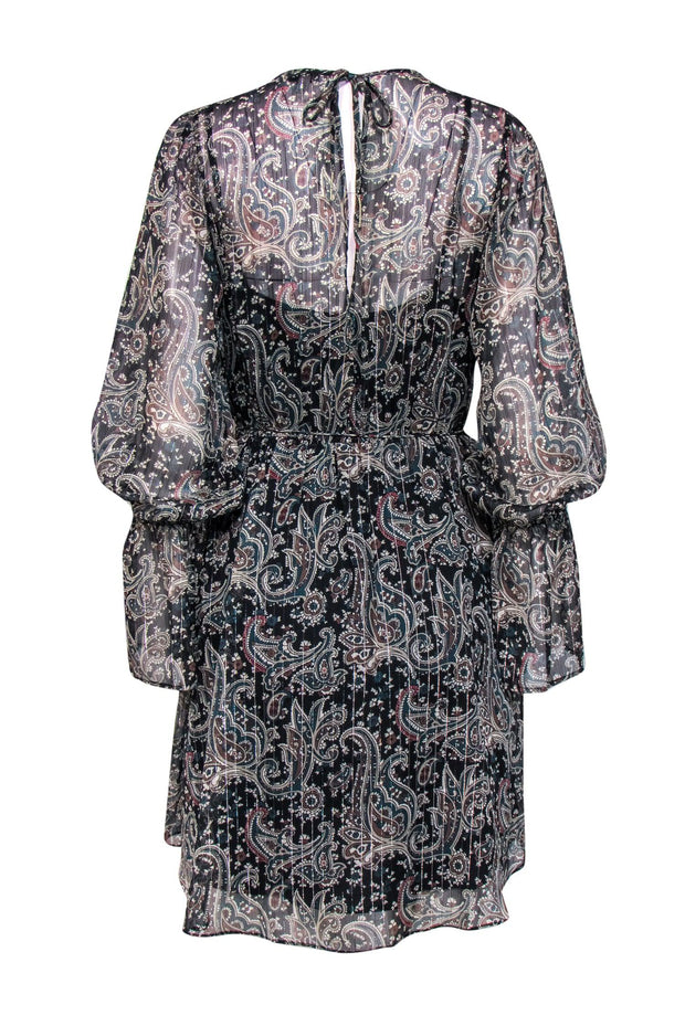 Current Boutique-Joie - Black, Teal & Beige Paisley Print Bell Sleeve Dress w/ Metallic Threading Sz S