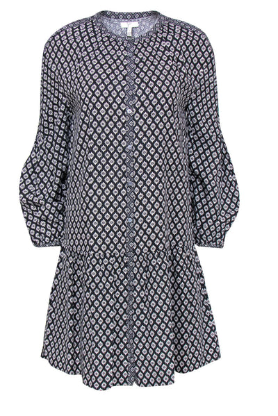 Current Boutique-Joie - Black & White Floral Print Long Sleeve Button-Up Drop Waist Dress Sz S