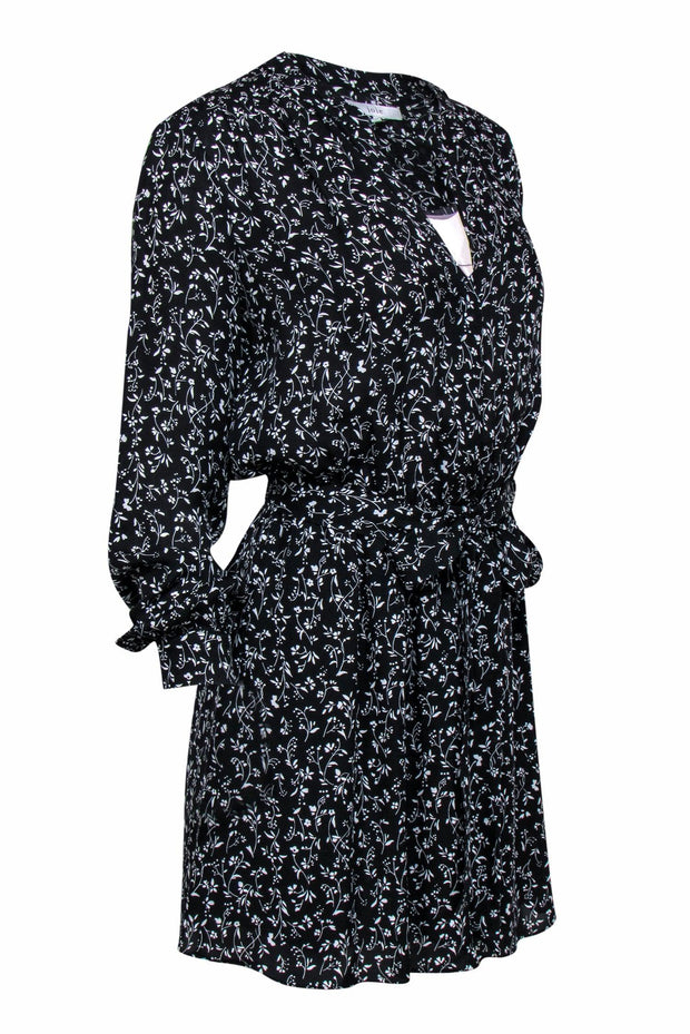 Current Boutique-Joie - Black & White Floral Print Long Sleeve Mini Dress w/ Belt Sz S
