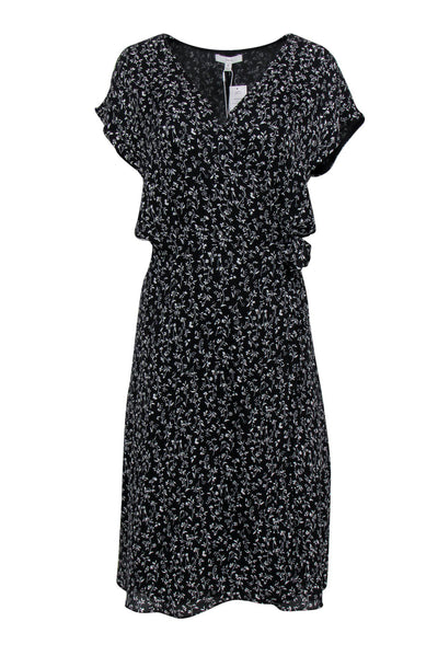 Current Boutique-Joie - Black & White Floral Print Short Sleeve Silk Wrap Dress Sz M
