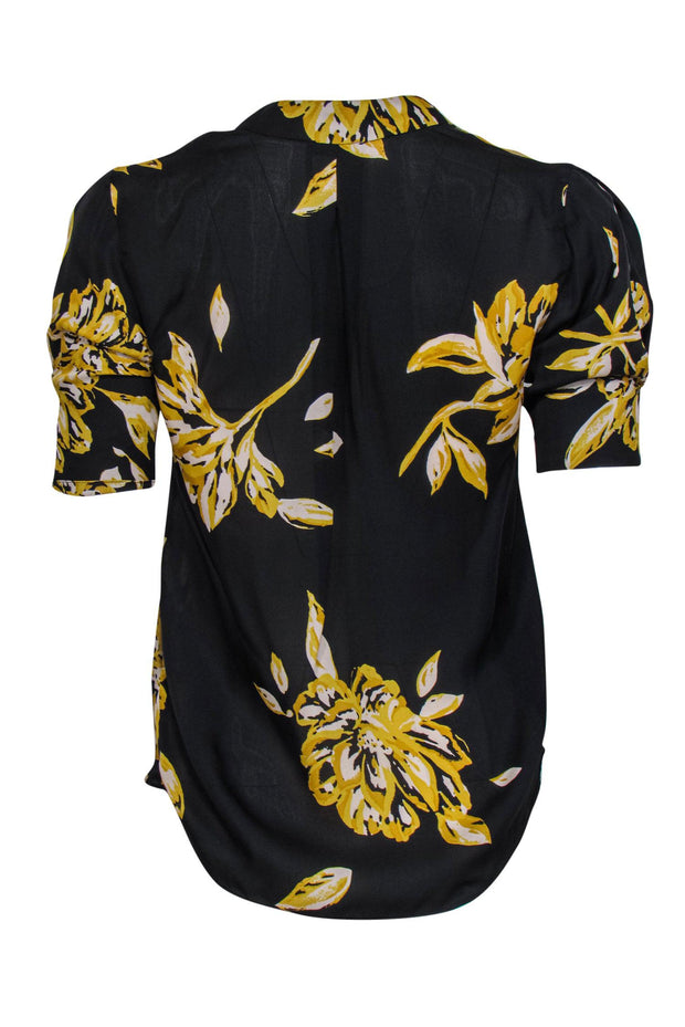 Current Boutique-Joie - Black & Yellow Floral Print Short Sleeve Silk Blouse Sz XXS