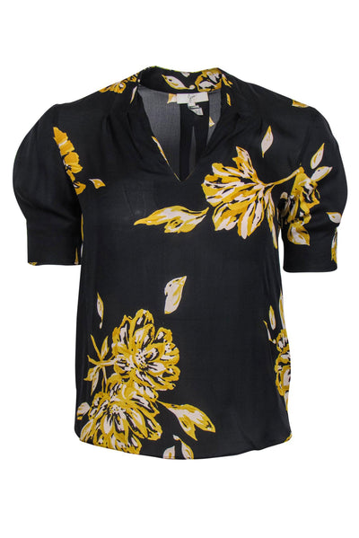Current Boutique-Joie - Black & Yellow Floral Print Short Sleeve Silk Blouse Sz XXS