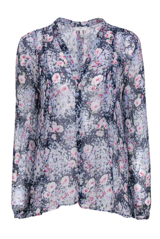 Current Boutique-Joie - Blue & Pink Sheer Multicolor Floral Print Blouse Sz L