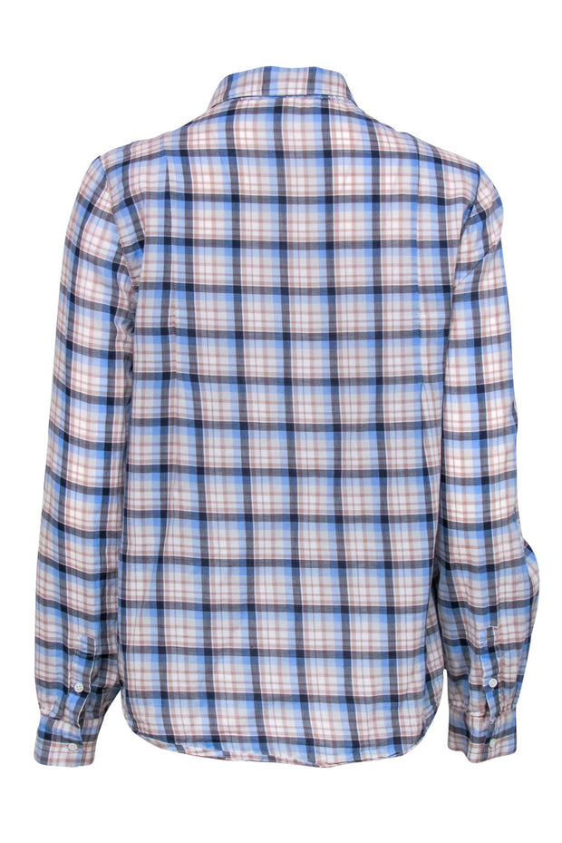 Current Boutique-Joie - Blue, White & Tan Plaid Long Sleeve Button-Up Blouse Sz M