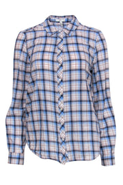 Current Boutique-Joie - Blue, White & Tan Plaid Long Sleeve Button-Up Blouse Sz M