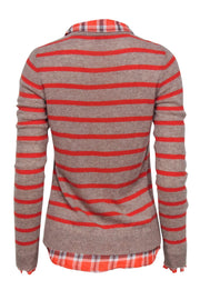 Current Boutique-Joie - Camel & Orange Striped Cashmere Sweater w/ Plaid Shirt Trim Sz S