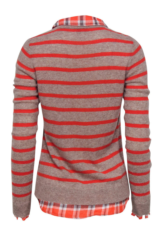 Current Boutique-Joie - Camel & Orange Striped Cashmere Sweater w/ Plaid Shirt Trim Sz S