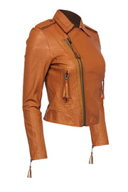 Current Boutique-Joie - Cognac Leather Cropped Moto Jacket w/ Double Zipper Sz XS
