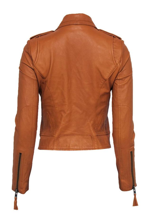 Current Boutique-Joie - Cognac Leather Cropped Moto Jacket w/ Double Zipper Sz XS