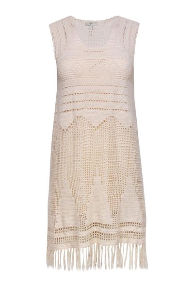 Current Boutique-Joie - Cream Crochet Sleeveless Shift Dress w/ Fringe Trim Sz S