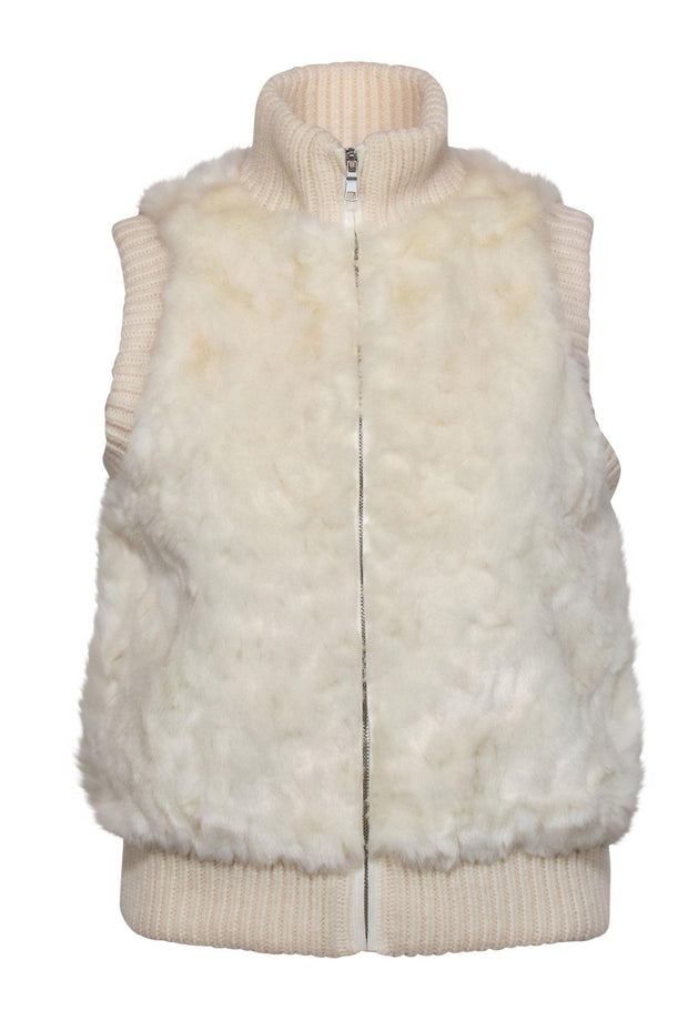 Current Boutique-Joie - Cream Faux Fur Zip-Up Vest w/ Ribbed Trim Sz XS